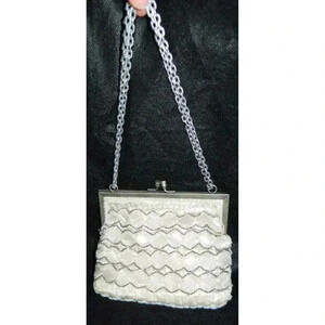 VTG White Clear Silver Glass Bead Geometric Handbag Purse Clutch